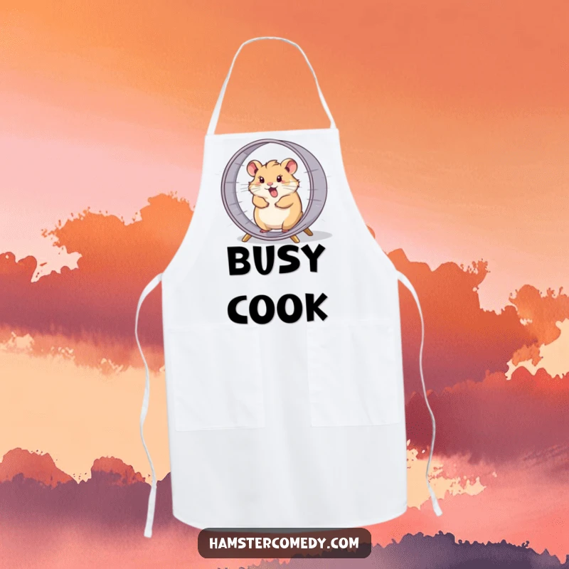 Funny hamster comically spinning in its wheel at high speed, a humorous and practical apron.