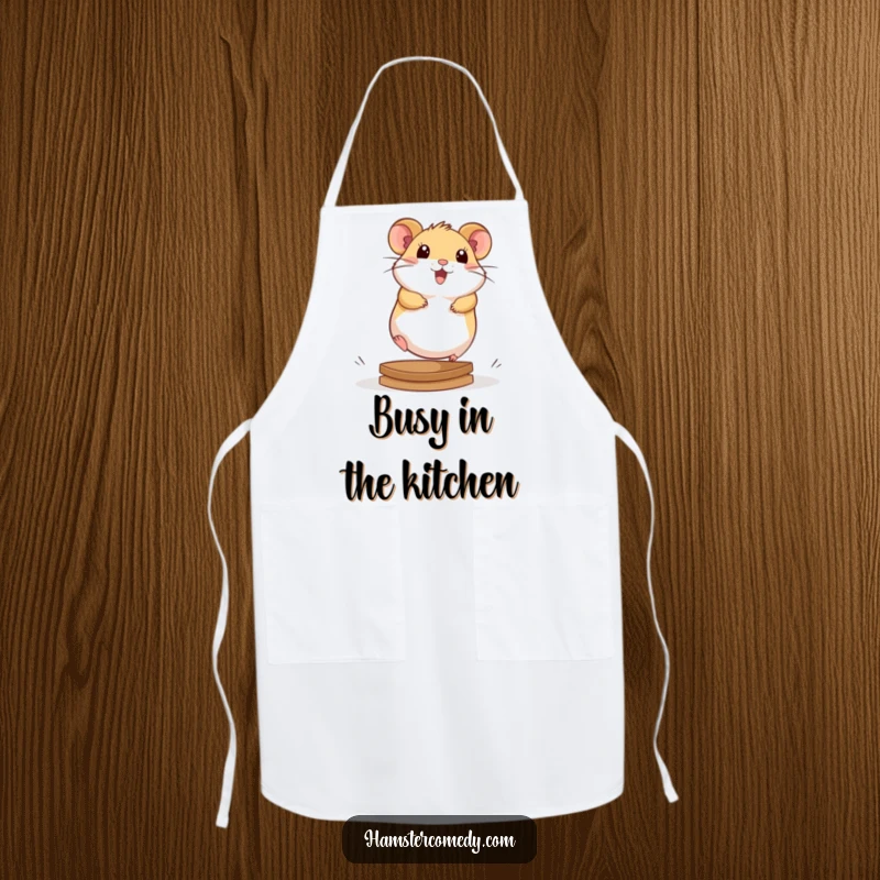 Cute kawaii hamster running on a wheel, on a protective and adorable cooking apron, symbolizing energy.