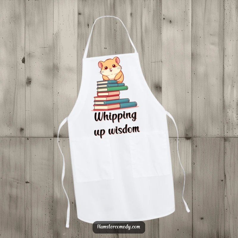 Funny Hamster Apron: A determined hamster humorously climbs a tall stack of miniature books, perfect for funny and functional wear.