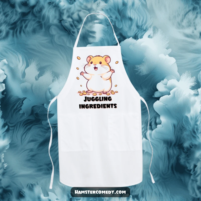 Funny kawaii hamster apron showing a cute hamster skillfully juggling tiny seeds, ready for culinary adventures.
