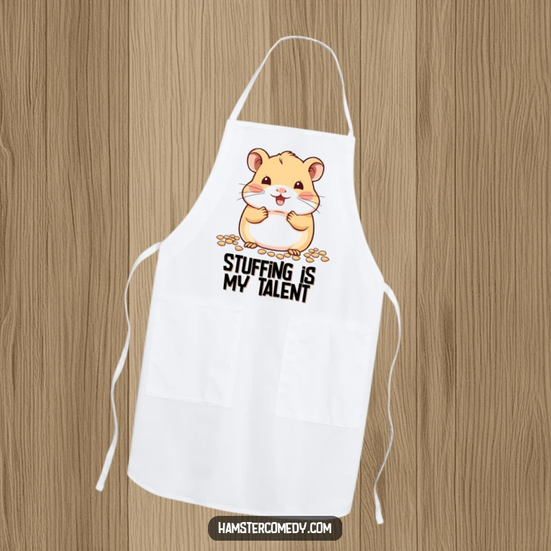 Cute kawaii hamster with bulging cheeks, happily stuffing seeds, on a protective and adorable cooking apron.