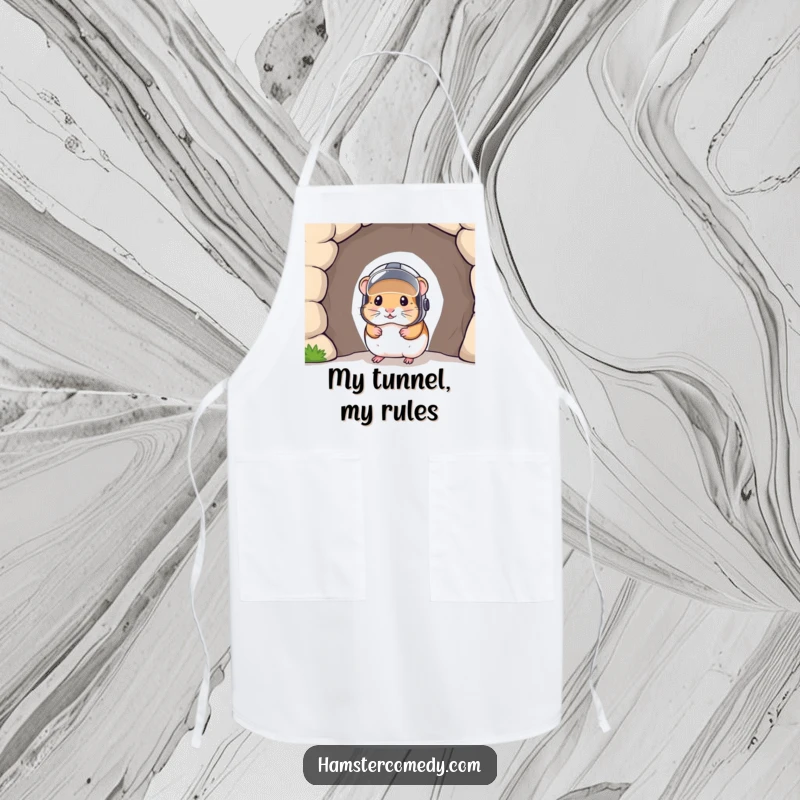 Funny apron design of a hamster wearing a helmet peeking from a tunnel, ready to cook up a storm with a humorous twist.