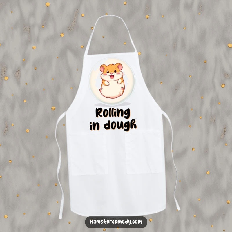 Funny apron design of a hamster gleefully rolling inside a clear ball, adding a humorous and energetic touch to kitchen wear.