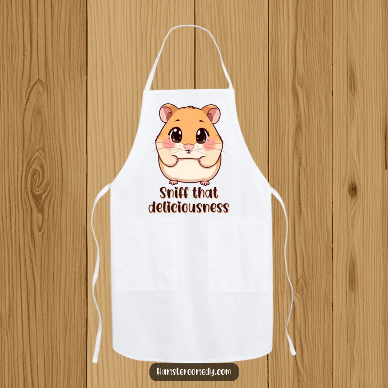 Funny Apron showing a kawaii hamster with wide eyes sniffing the air, adding a touch of curiosity to cooking.