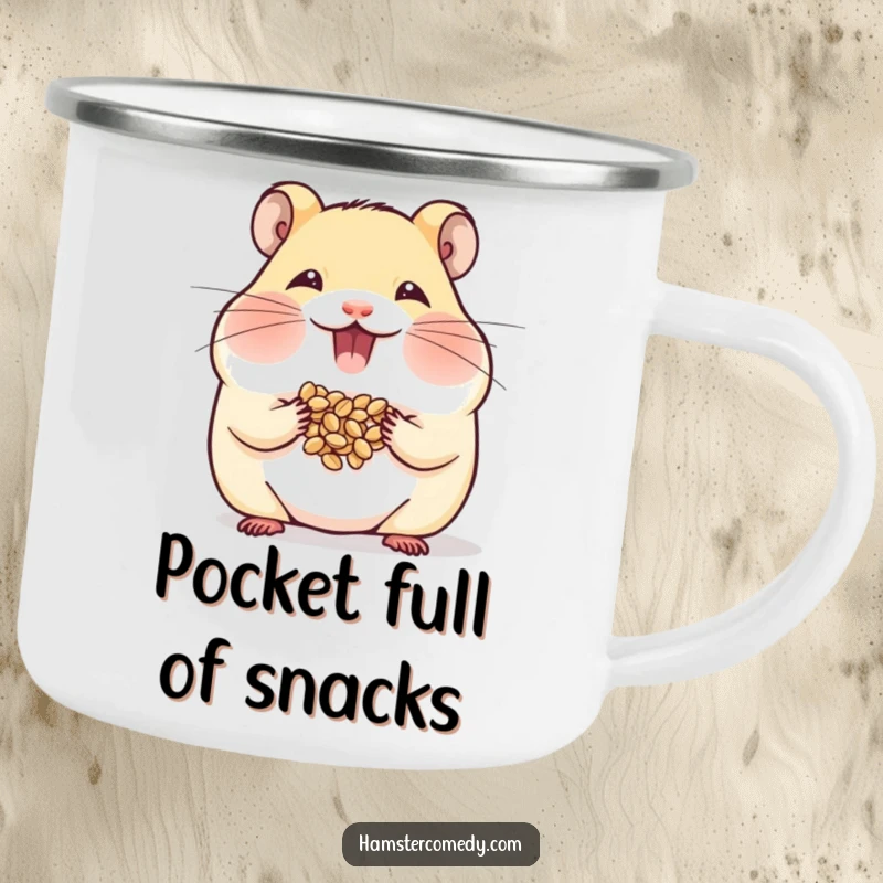 Funny Hamster Camping Mug featuring a hamster stuffing its cheeks, perfect for humorous outdoor snack times.