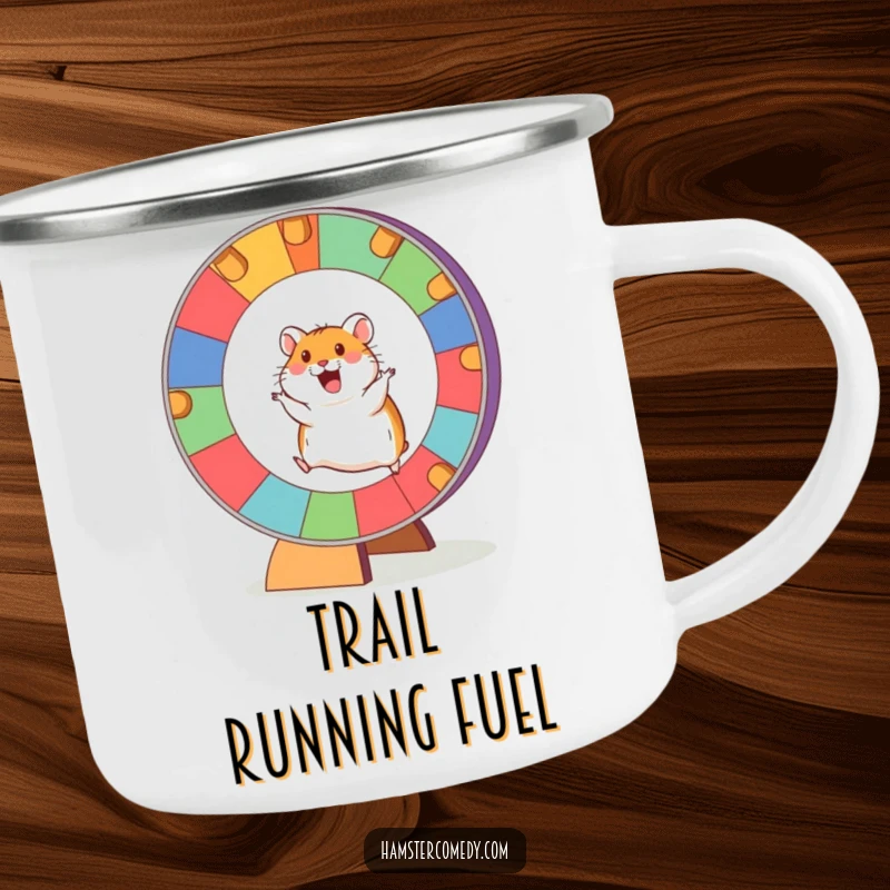 Funny Hamster Camping Mug with an excited hamster running on a giant, colorful wheel, durable for outdoor use.