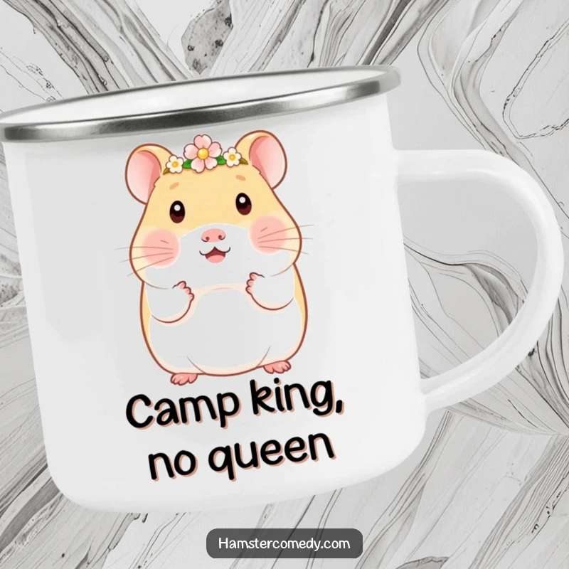 Funny Kawaii Hamster Camping Mug: Cute hamster wearing a flower crown, bringing a touch of royal charm to outdoor activities.