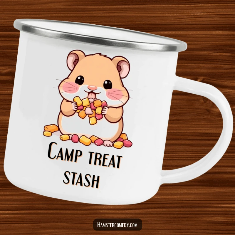 Funny Kawaii Hamster Camping Mug: A cute hamster with full cheeks, ideal for enjoying beverages during outdoor snack sessions with a smile.