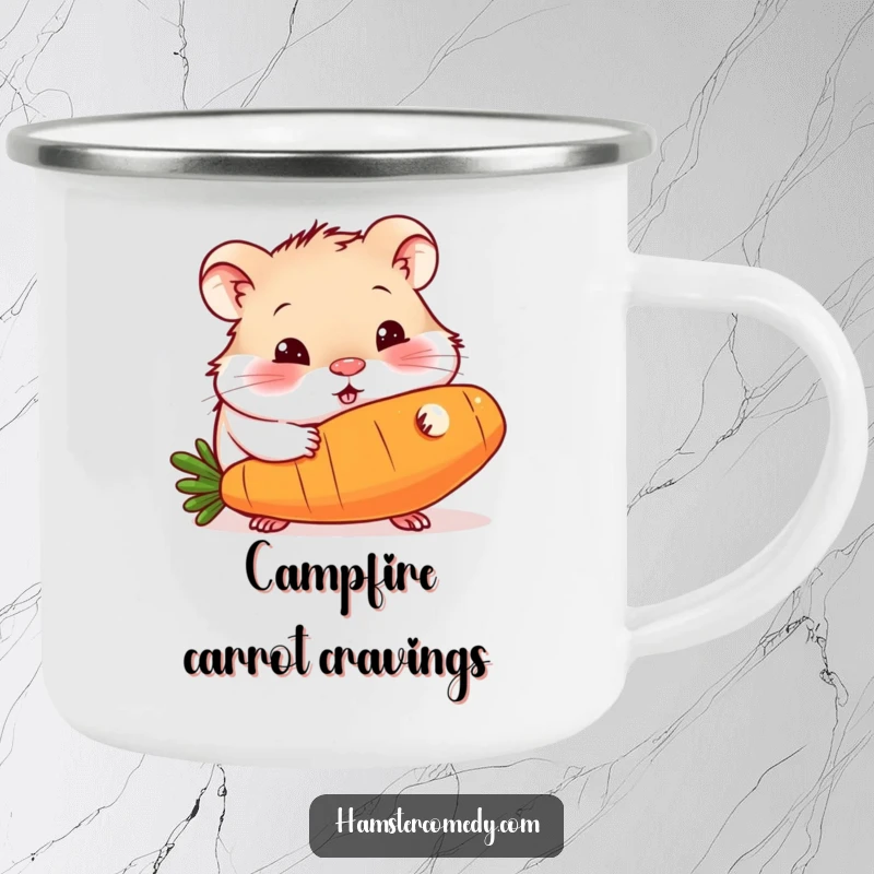 Funny camping mug graphic of a curious hamster enthusiastically eating a giant carrot, perfect for outdoor enjoyment with humor.