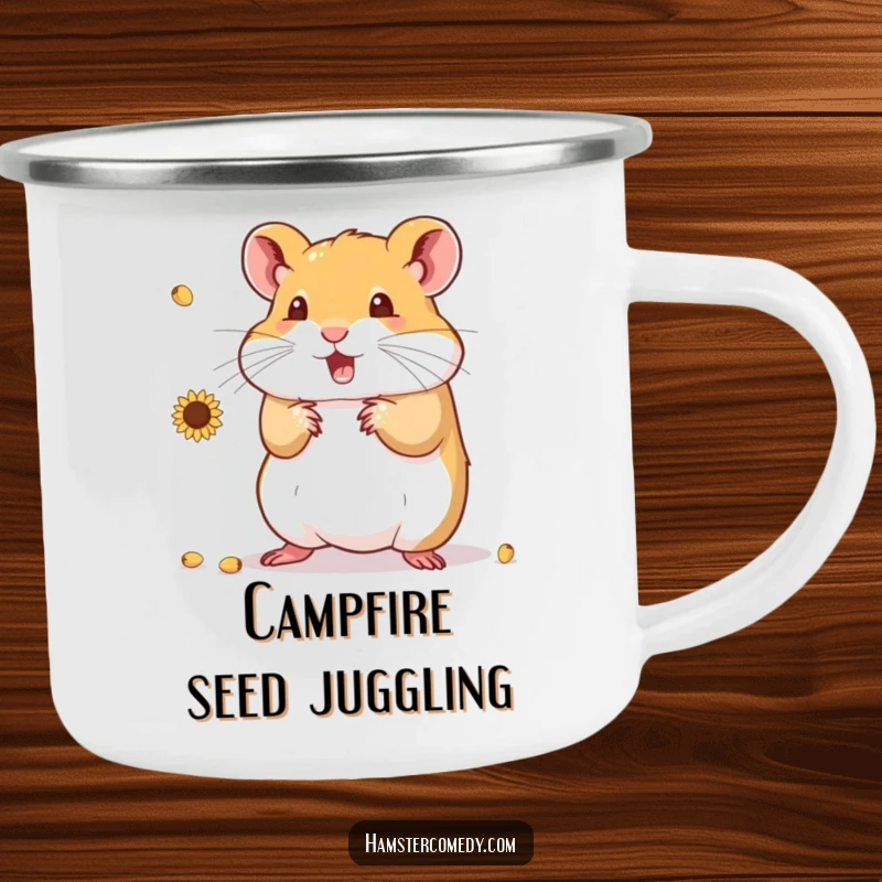Funny Hamster Camping Mug with a cute hamster juggling sunflower seeds during an outdoor adventure, adding humor to camp life.