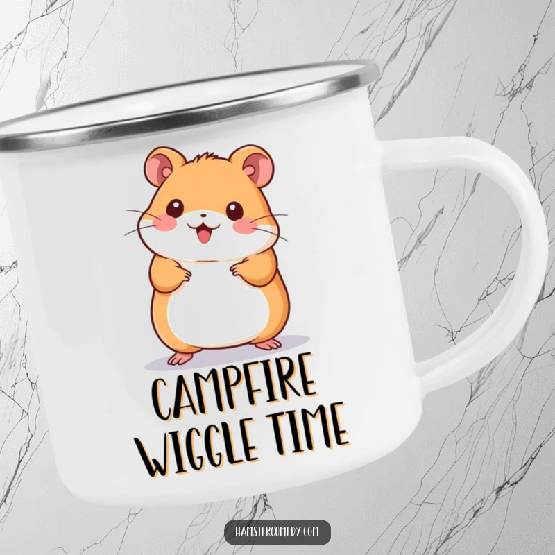 Funny Kawaii Hamster Camping Mug: Cute hamster doing a joyful wiggle dance, perfect for bringing energy to outdoor activities.