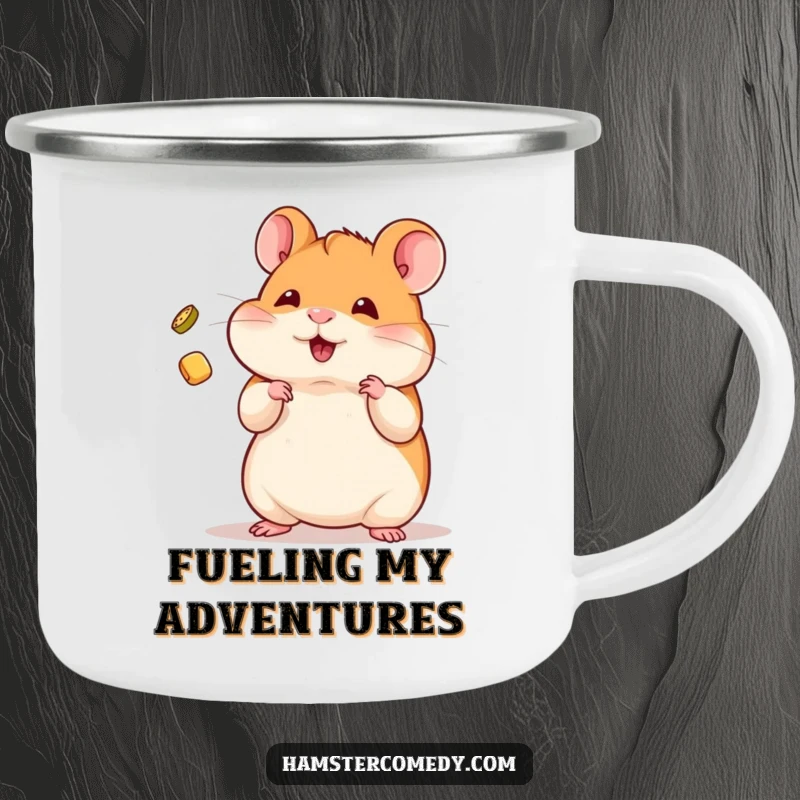 Funny Camping Mug featuring a kawaii hamster skillfully juggling a tiny treat, designed for outdoor fun.