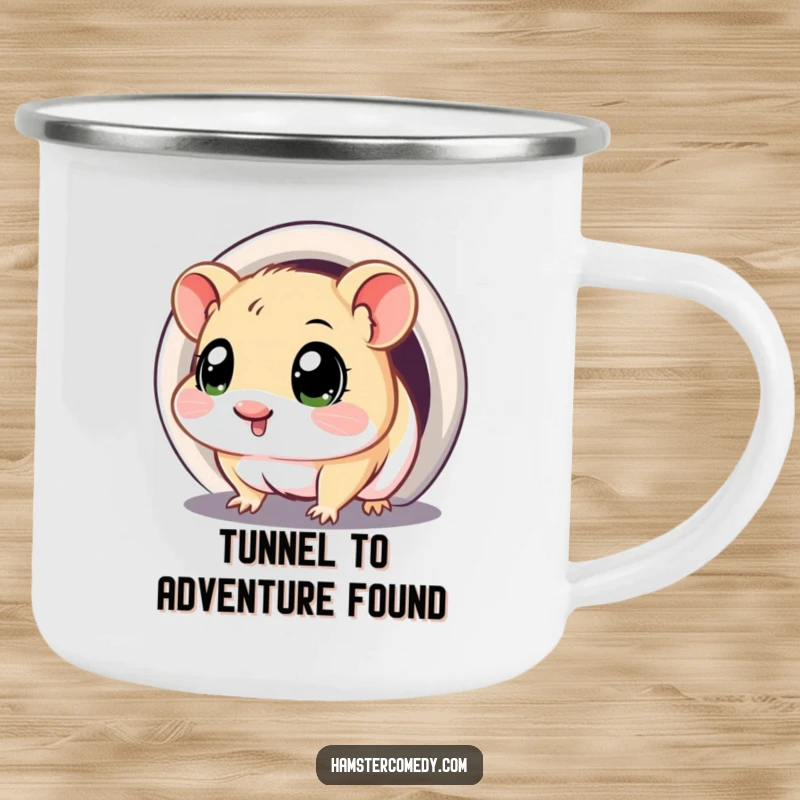 Funny camping mug with a kawaii hamster with curious eyes, exploring a tunnel, for outdoor adventures.