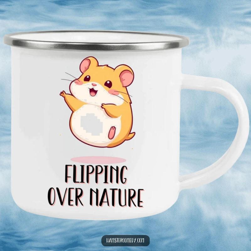 Funny Camping Mug with a cute kawaii hamster in mid-somersault, built for adventure and carrying hot beverages.