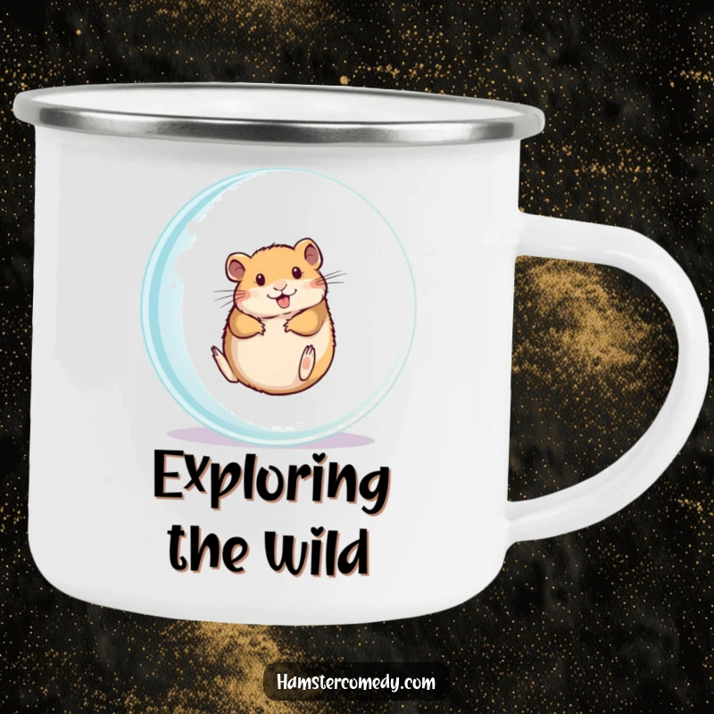 Funny hamster rolling inside a clear ball, holding a camping mug, ready for adventure, ideal gift.