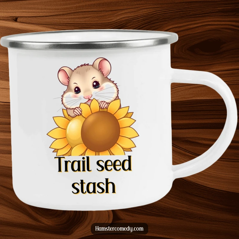 Funny hamster camping mug showing a curious hamster nibbling a huge sunflower seed, perfect for outdoor enthusiasts needing a laugh.