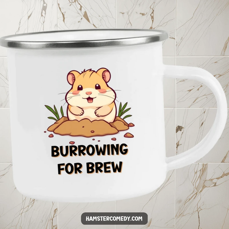 Funny Camping Mug: An enthusiastic hamster digs with all its might, a humorous scene for outdoor enthusiasts who love animals.