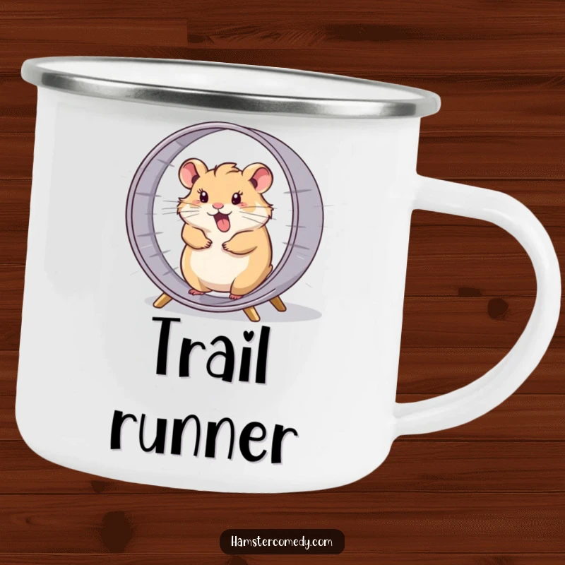 Funny hamster comically spinning in its wheel at high speed, a durable and humorous camping mug.