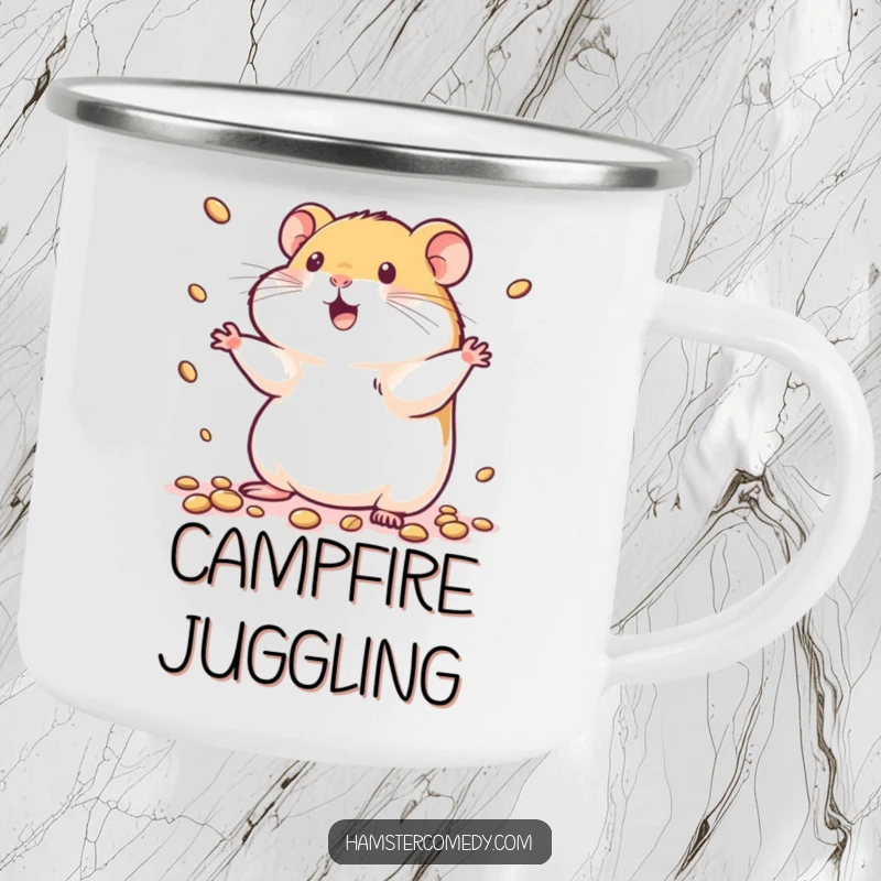 Funny kawaii hamster camp mug showing a cute hamster energetically juggling tiny seeds, ideal for outdoor adventures.