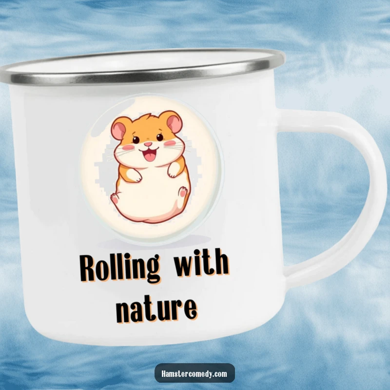 Funny camping mug graphic of a hamster gleefully rolling inside a transparent ball, perfect for enjoying drinks outdoors with humor.