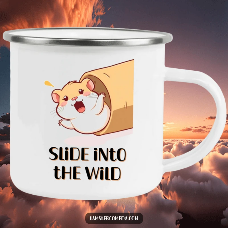 Funny Hamster Camping Mug: A hamster comically sliding down a cardboard tube with a surprised yelp, designed for durability and outdoor amusement.