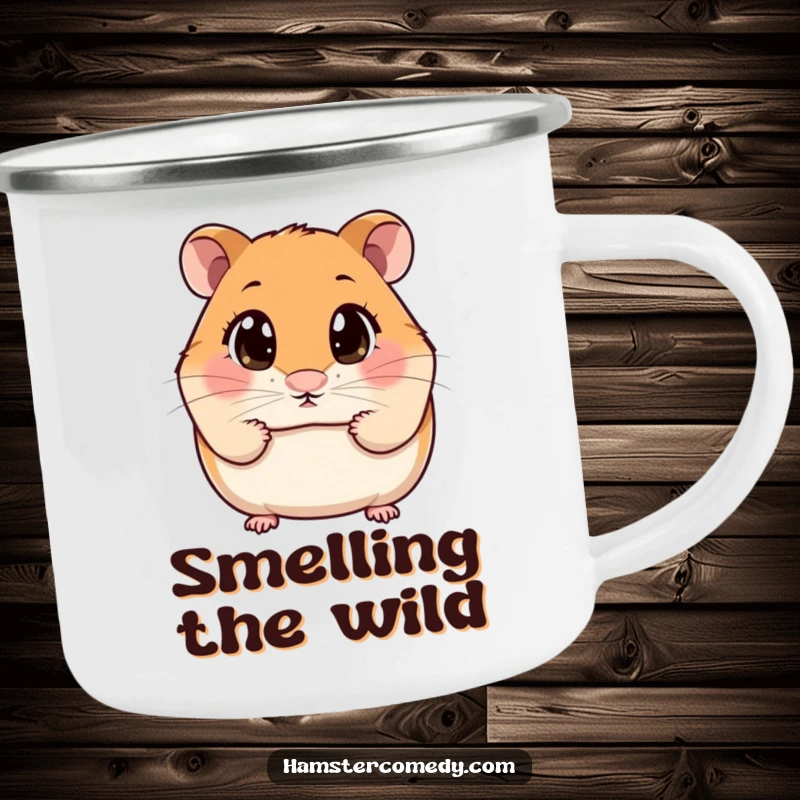 Funny Camping Mug featuring a kawaii hamster with wide eyes sniffing the air, designed for outdoor exploration.