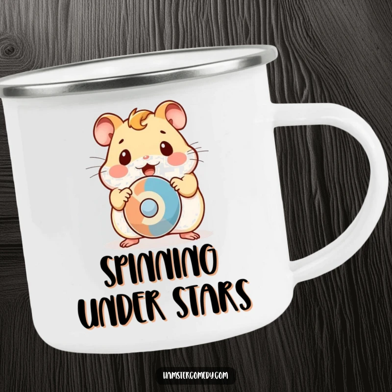 Funny Camping Mug featuring a surprised kawaii hamster with wide eyes, gazing at a spinning object.