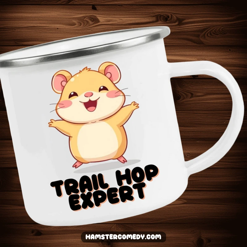 Funny Hamster Camping Mug, a joyful character hopping with tiny legs, durable and full of cute energy.