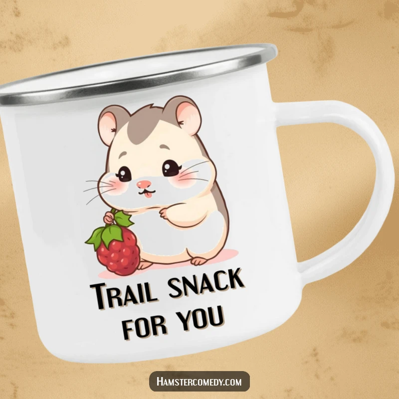 Funny Hamster Camping Mug: A shy hamster peeks out, offering a juicy berry with a bashful and humorous expression.