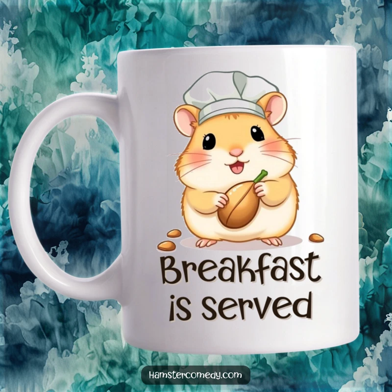 Funny chef hamster mug featuring a cute kawaii hamster in a tiny chef hat, proudly presenting a single seed with a proud expression.
