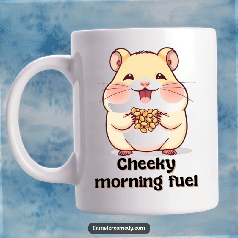 Funny Hamster Mug showing a happy hamster stuffing its cheeks with seeds, ideal for snack humor.