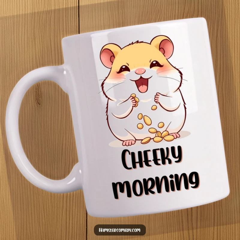 Funny hamster joyfully stuffing its plump cheeks full of seeds, a cute and humorous mug.