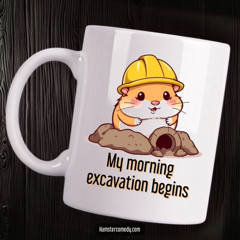 Funny Hamster Mug: A determined hamster in a tiny construction helmet is comically digging a small tunnel, perfect for coffee lovers.