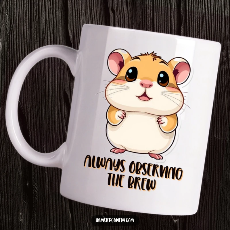 Funny Hamster Mug featuring a small hamster with excessively large, round, curious eyes looking around, emphasizing wonder.