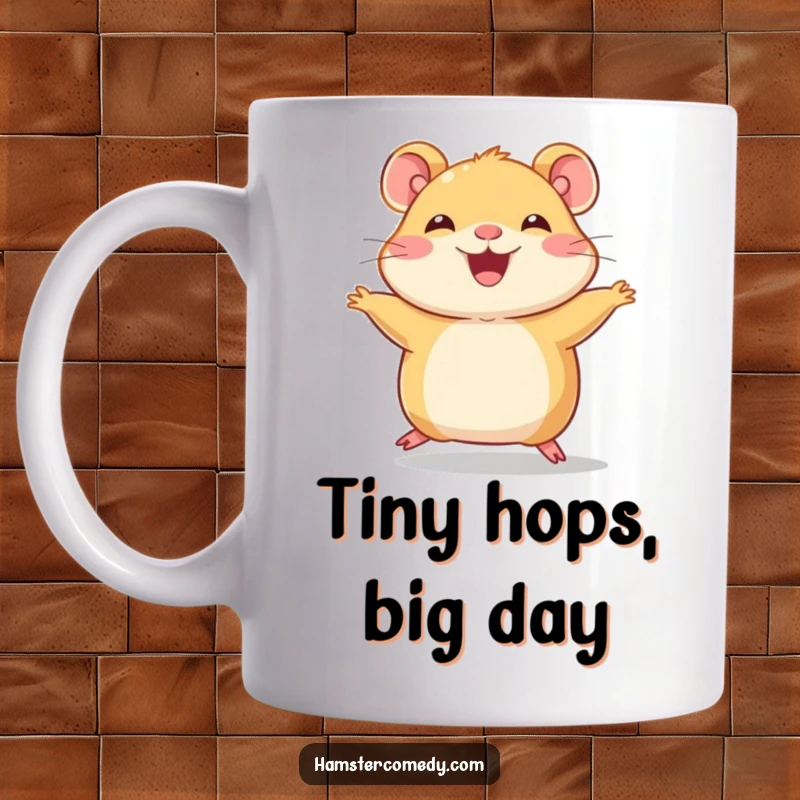 Funny Hamster Mug, a joyful character doing a funny hop with its tiny legs, full of adorable energy.
