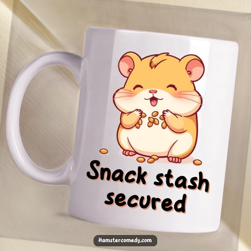 Funny Kawaii Hamster Mug showing a cute hamster busily stuffing its cheeks full of seeds, a charming sight.