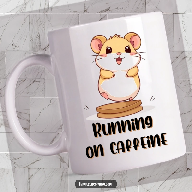 Funny kawaii hamster character with determined expression, running at full speed on a hamster wheel, on a cute mug.