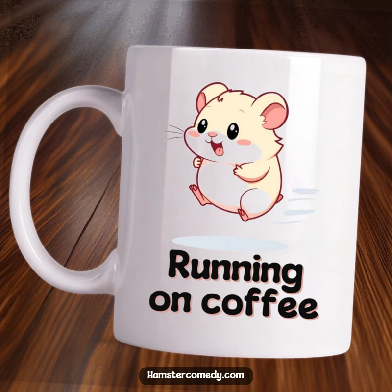 Funny Kawaii Hamster Mug: A cute hamster is depicted running at great speed on a wheel, embodying energy and activity.