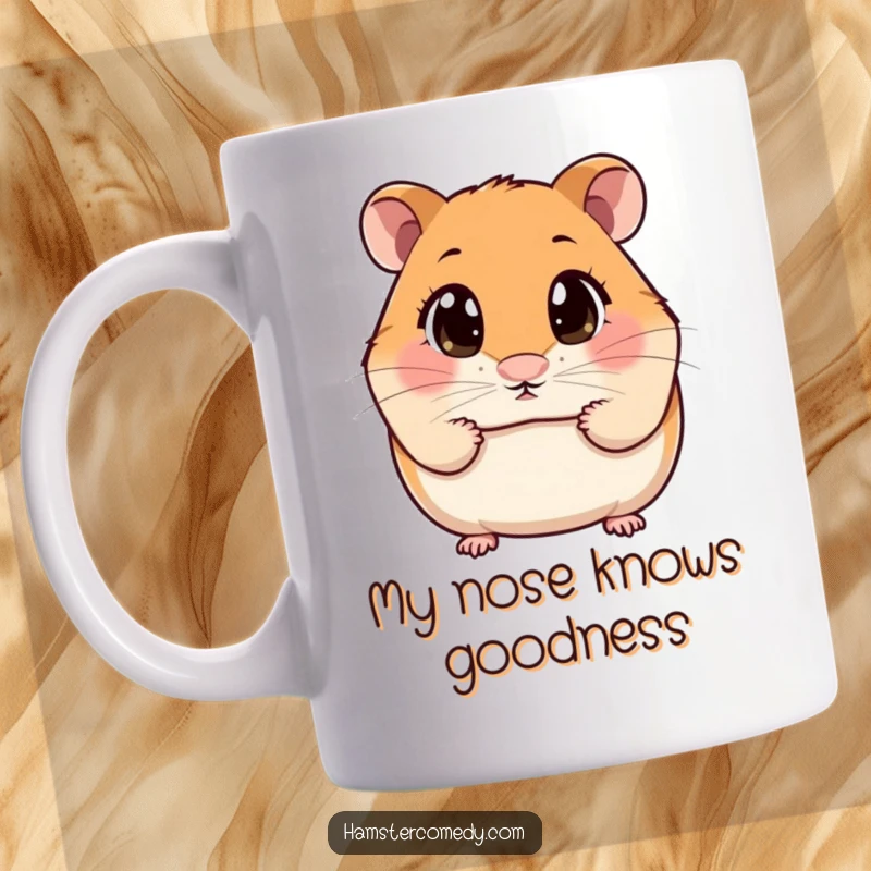 Funny Mug showing a kawaii hamster with very wide, curious eyes sniffing the air intently.