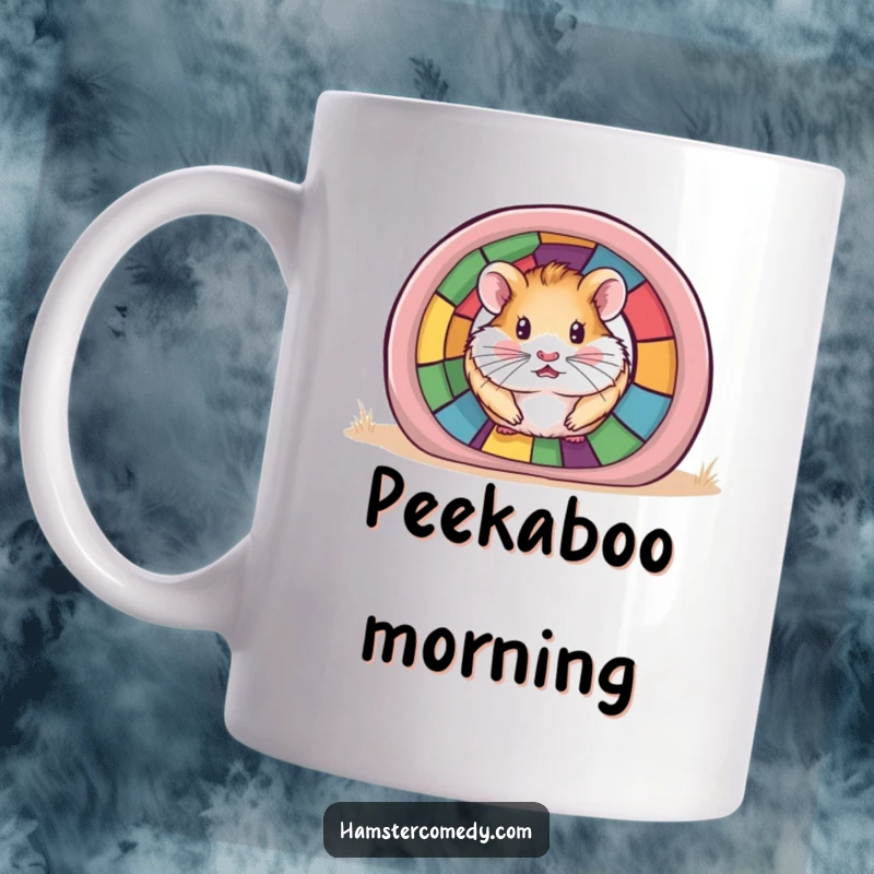 Funny Hamster Tunnel Mug featuring a hamster peeking out of a colorful tunnel, ideal for playful humor.