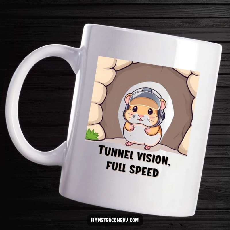 Funny hamster in a tiny helmet peeking curiously from a dark tunnel, ready for action, a humorous and cute gift.