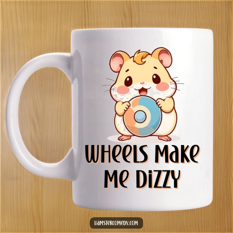 Funny Mug showing a kawaii hamster with wide, surprised eyes looking at a dizzying spinning object.