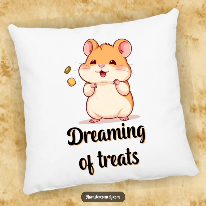 Funny Pillow featuring a kawaii hamster skillfully juggling a tiny treat, offering comfort and a touch of playful skill.