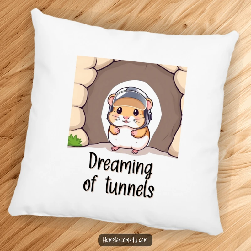 Funny pillow featuring a charming hamster with a tiny helmet peeking out from a tunnel entrance, designed for humorous comfort.