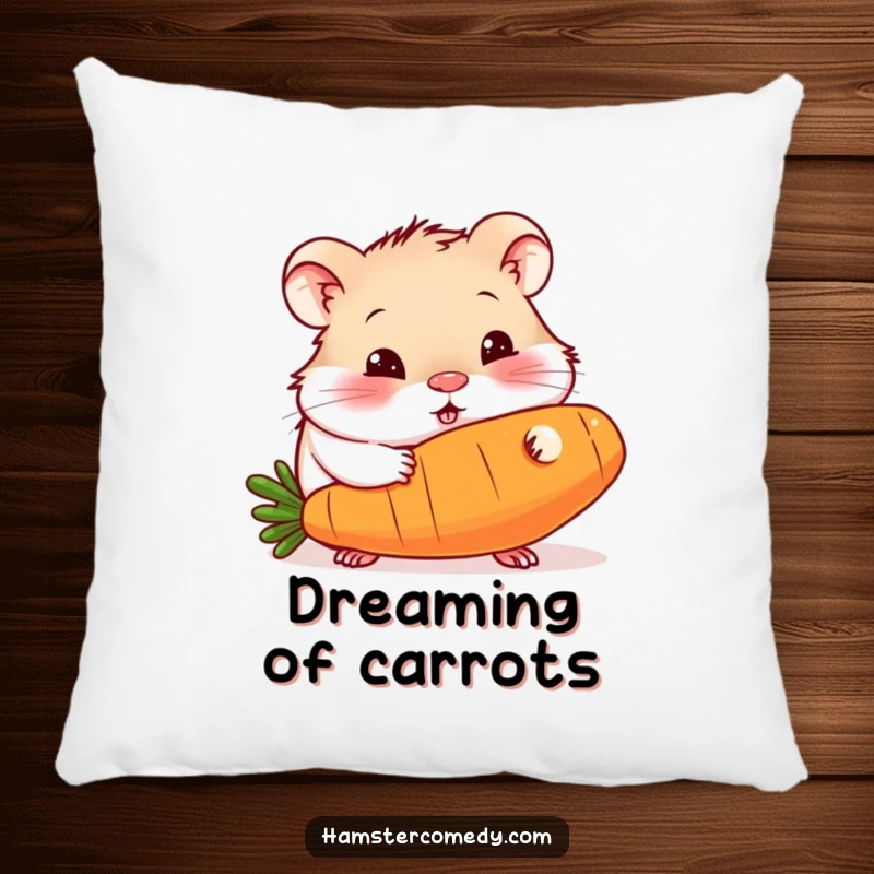 Funny pillow graphic of a curious hamster with an oversized carrot, conveying humorous delight and cozy comfort, perfect for cuddling.