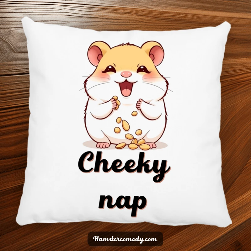 Funny hamster joyfully stuffing its plump cheeks with seeds, a soft and humorous throw pillow.