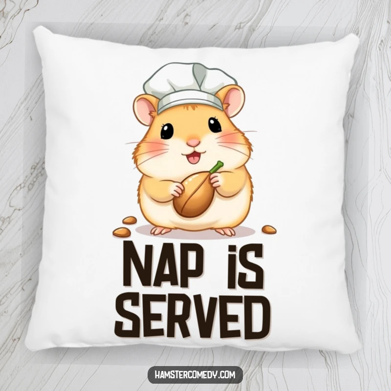 Funny kawaii hamster chef pillow featuring a cute hamster wearing a tiny chef hat and presenting a seed, perfect for relaxation.