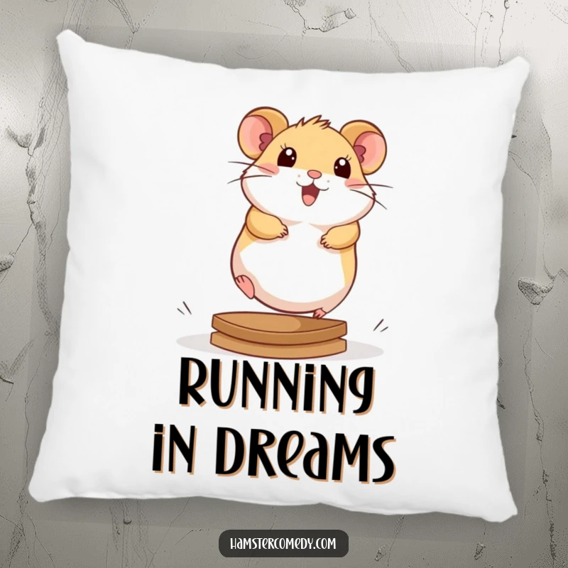Soft pillow featuring an adorable kawaii hamster running with great energy on a hamster wheel.