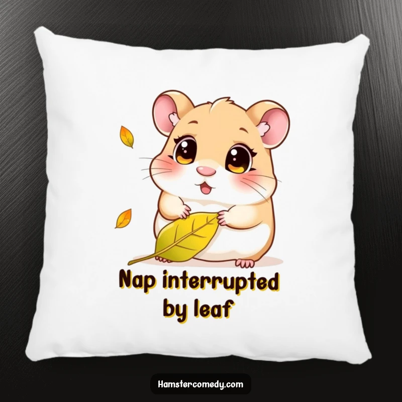 Funny Kawaii Hamster Pillow: A plump, cute hamster with big curious eyes watching a single falling leaf, soft and huggable.