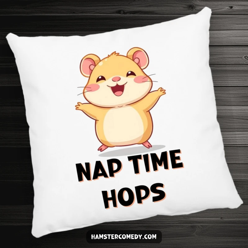 Funny Hamster Pillow, soft and plush, depicts a joyful character doing a funny hop with tiny legs.